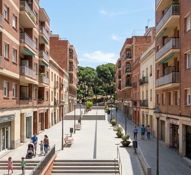 Vistas de las calles empinadas, bloques de pisos y la cercanía al Parc del Guinardó en Barcelona